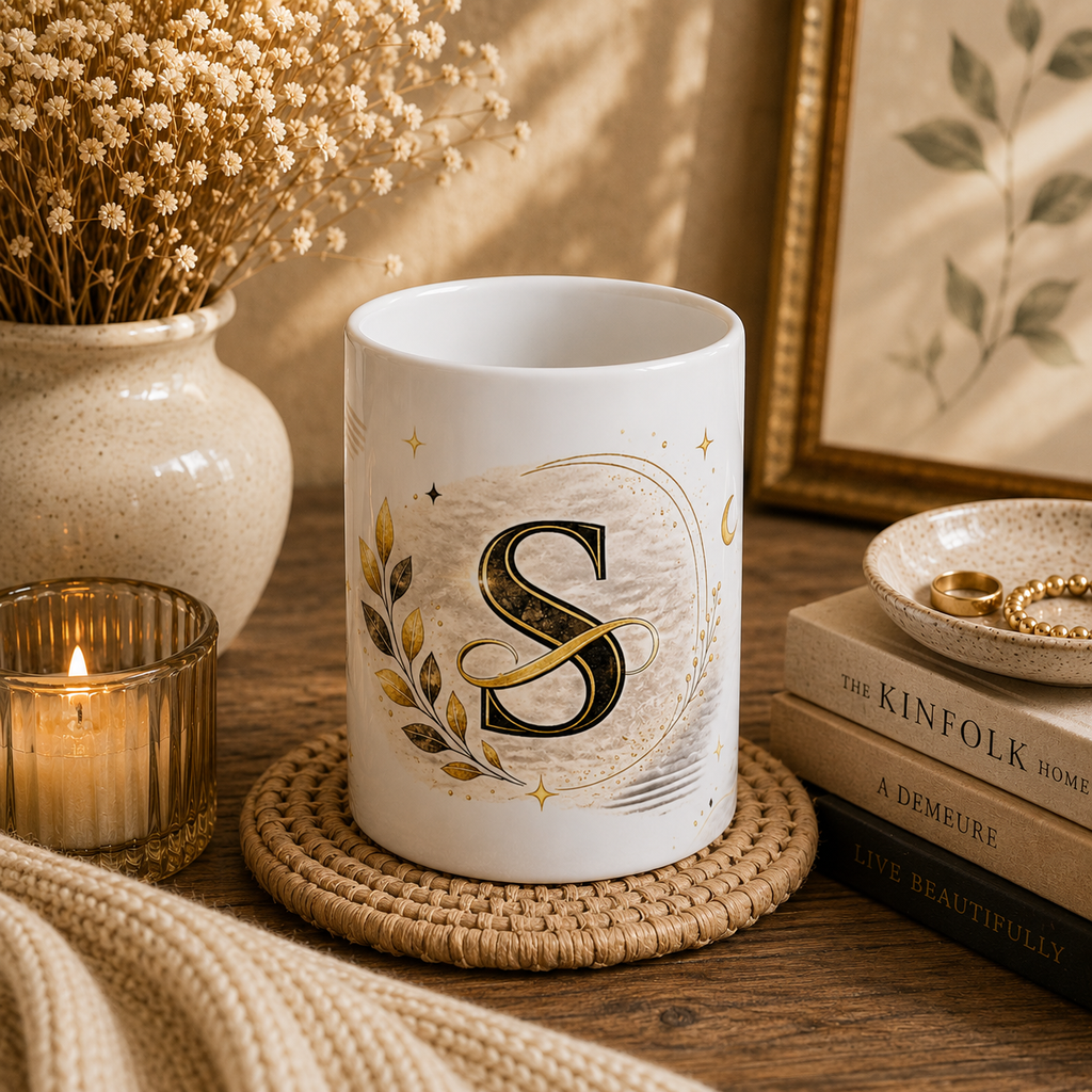 Monogram S Ceramic Mug – Elegant Gold Initial Coffee Cup