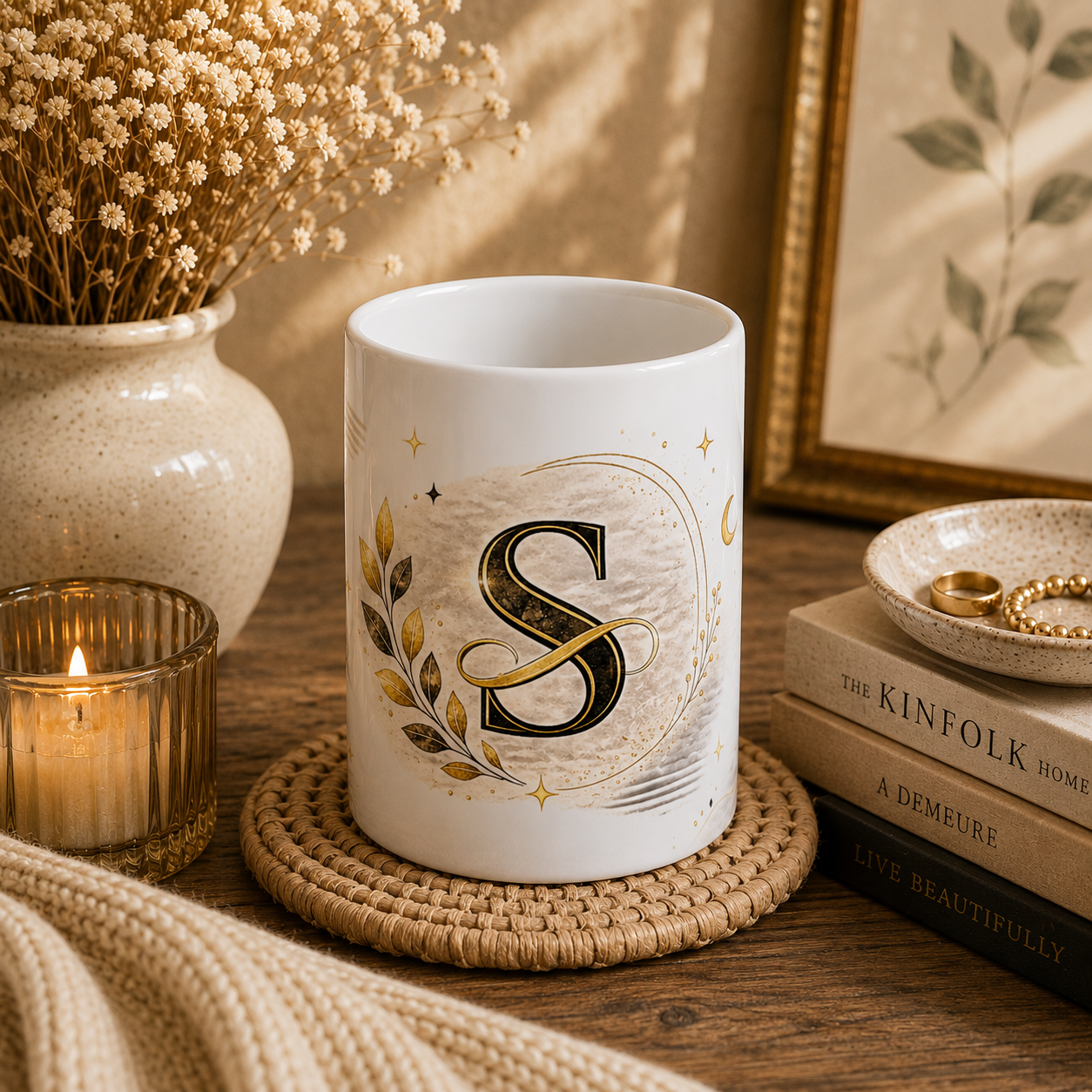 Monogram S Ceramic Mug – Elegant Gold Initial Coffee Cup