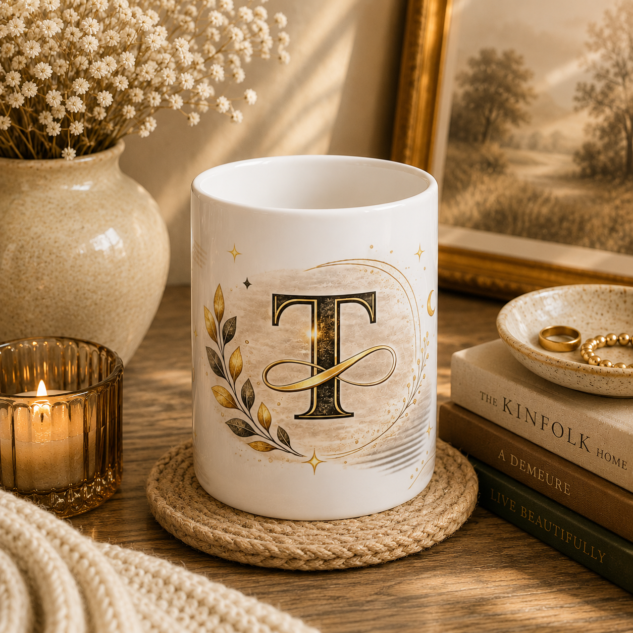 Monogram 'T' Gold Laurel Ceramic Mug – Personalized Initial Coffee Cup