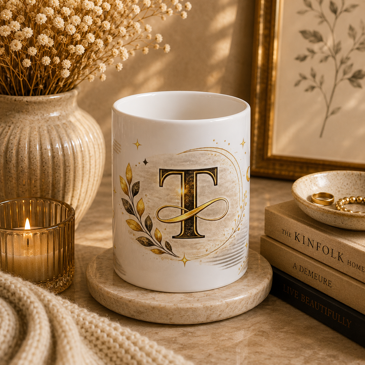 Monogram 'T' Gold Laurel Ceramic Mug – Personalized Initial Coffee Cup