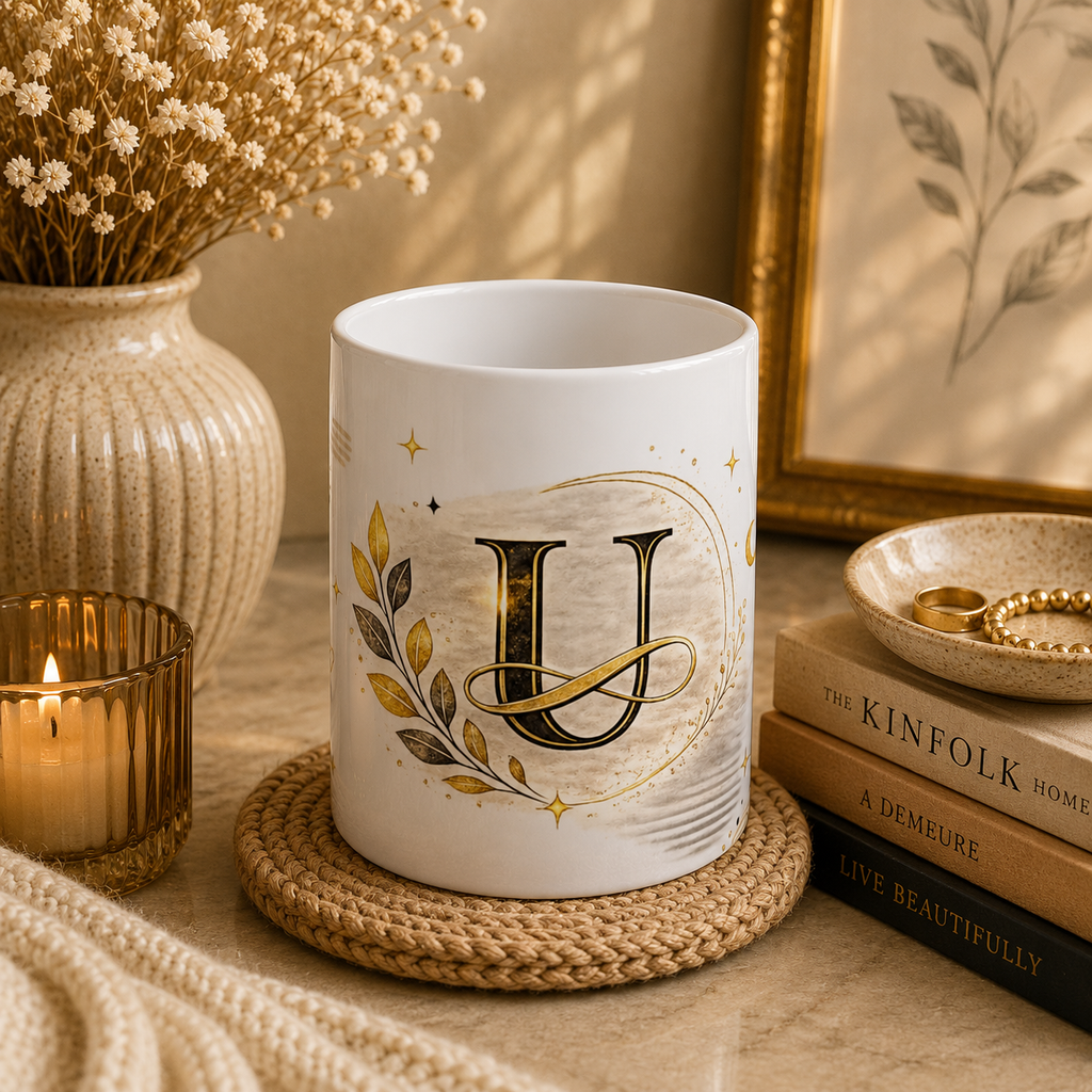 Monogram H Gold Laurel Ceramic Mug — Initial H Coffee Cup