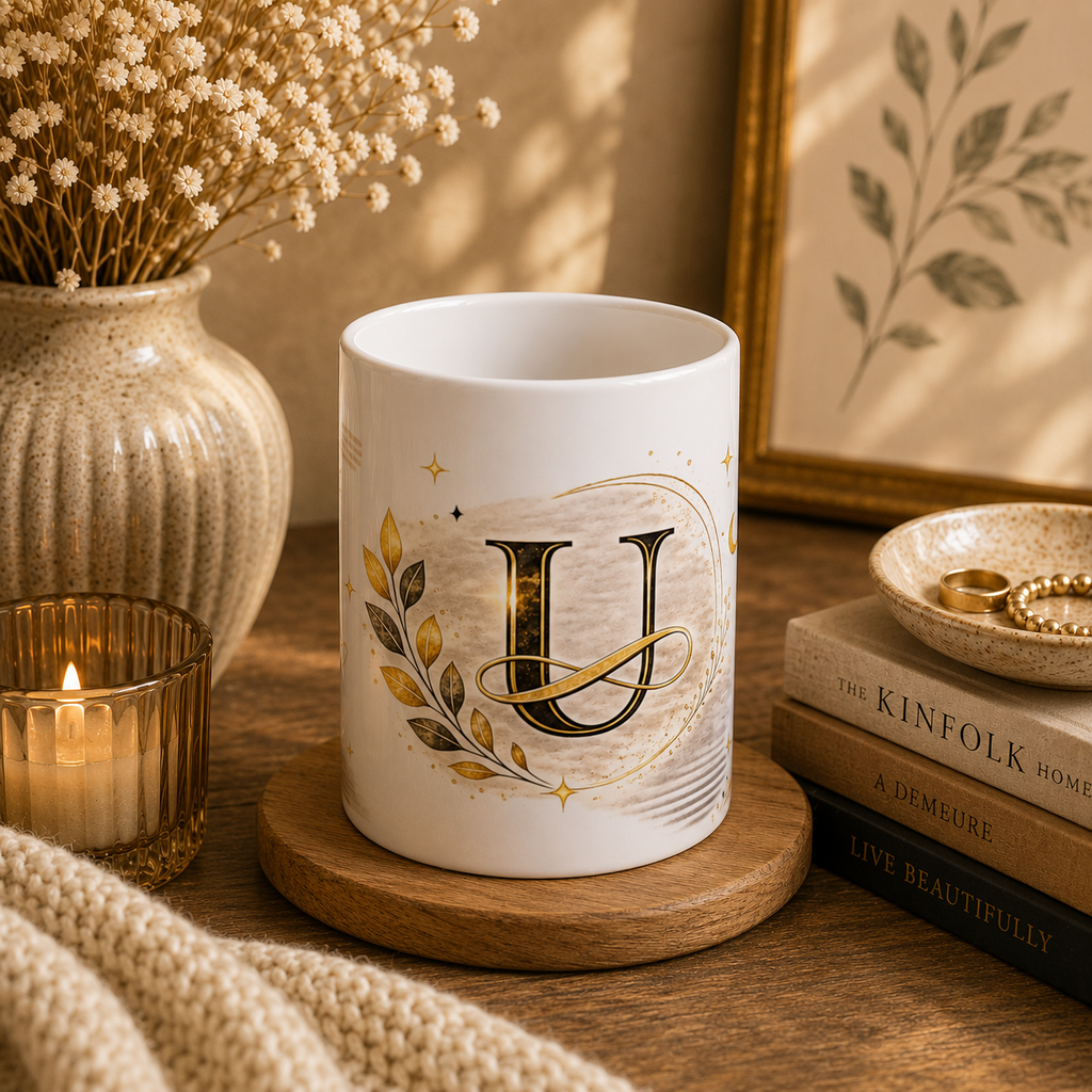 Monogram H Gold Laurel Ceramic Mug — Initial H Coffee Cup