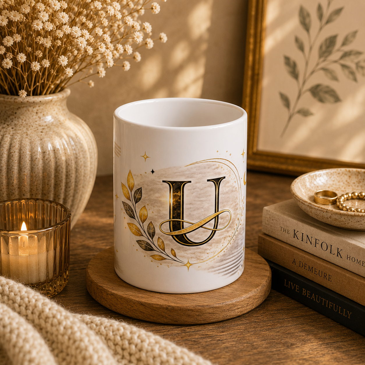 Monogram H Gold Laurel Ceramic Mug — Initial H Coffee Cup