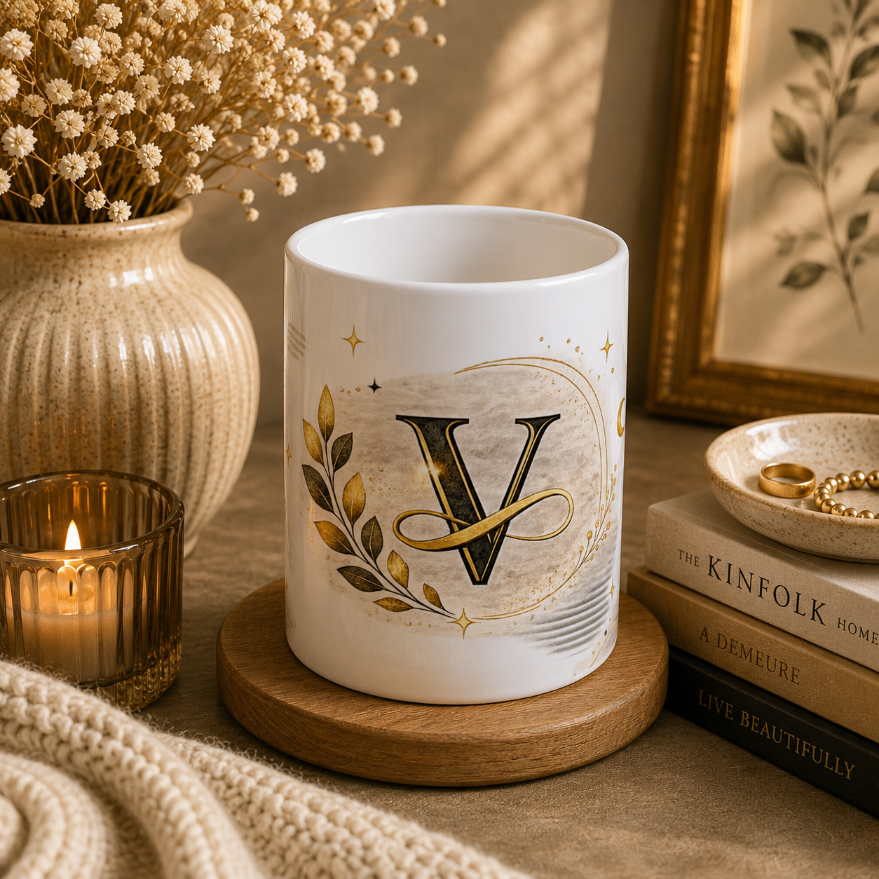 Monogram V Ceramic Mug — Elegant Gold Initial Coffee Cup