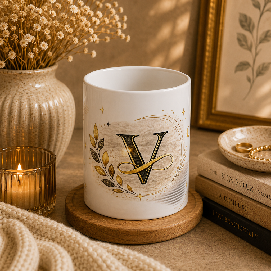 Monogram V Ceramic Mug — Elegant Gold Initial Coffee Cup