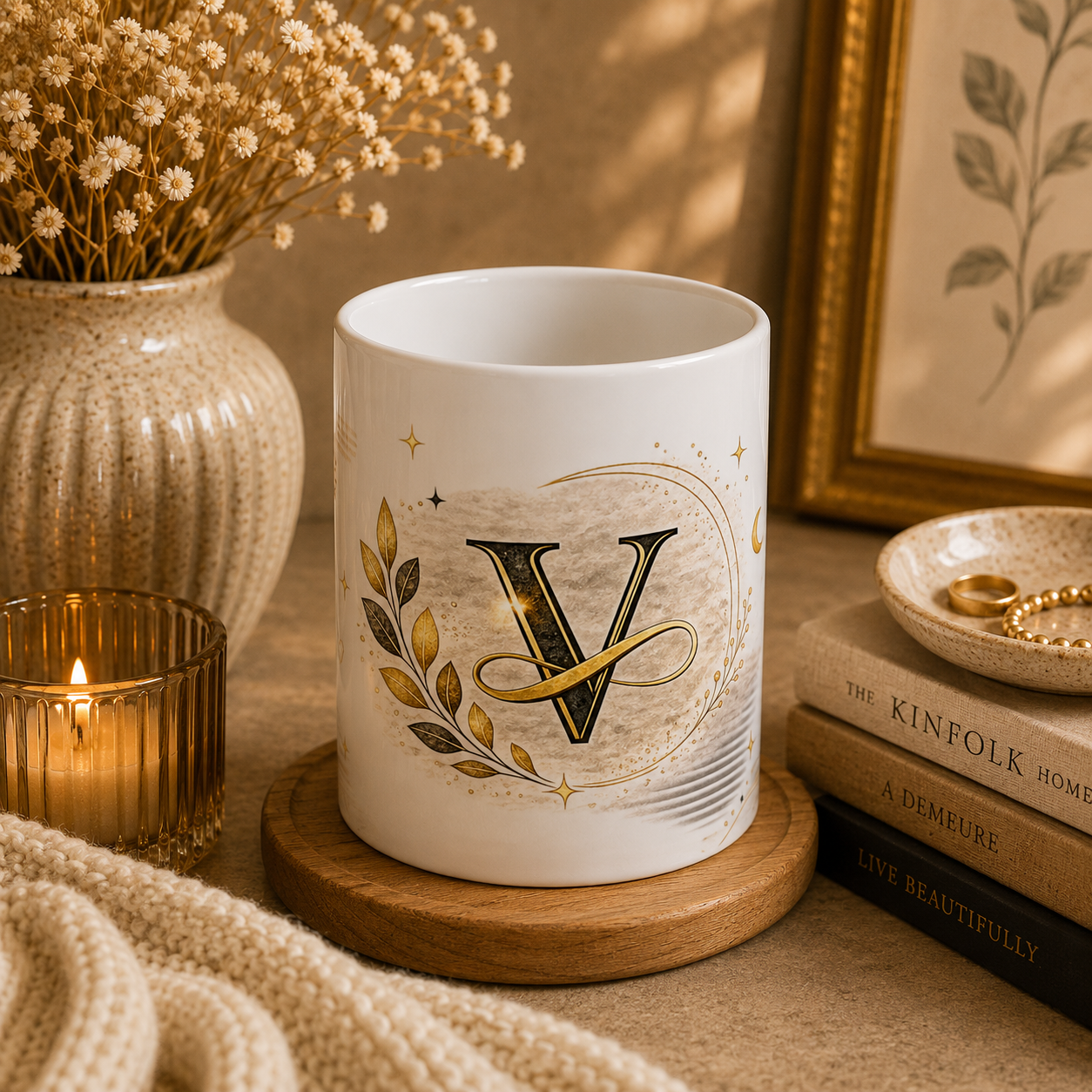 Monogram V Ceramic Mug — Elegant Gold Initial Coffee Cup