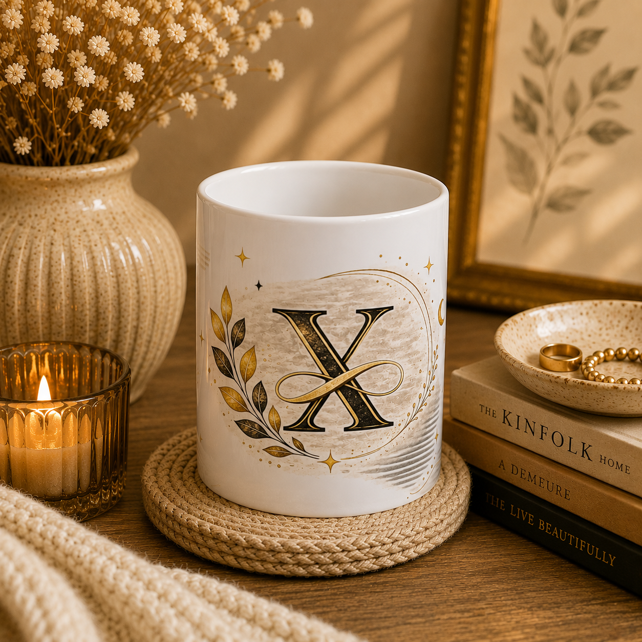 Monogram X Ceramic Mug — Elegant Gold Initial Coffee Cup