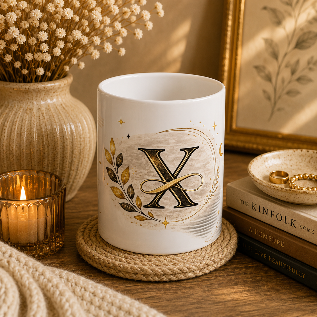 Monogram X Ceramic Mug — Elegant Gold Initial Coffee Cup