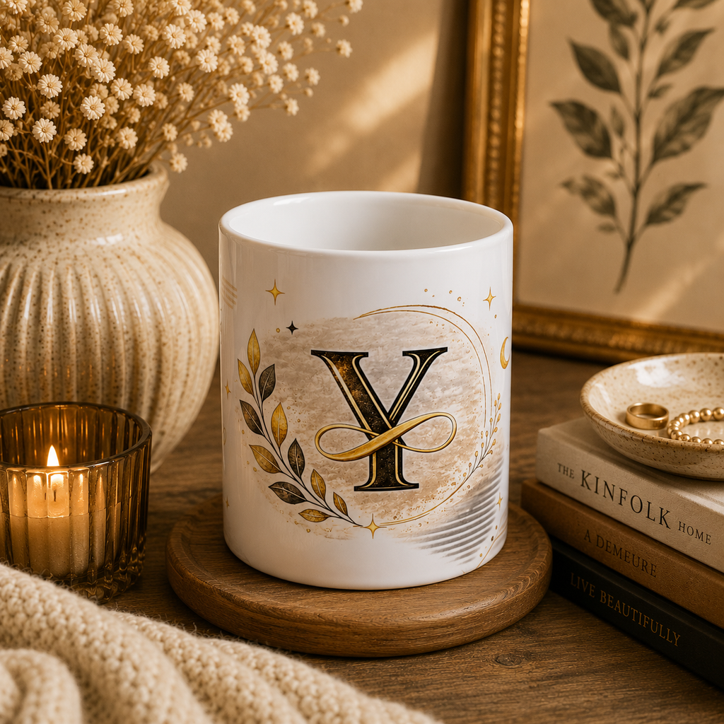 Monogram Y Ceramic Mug — Elegant Gold Initial Coffee Cup