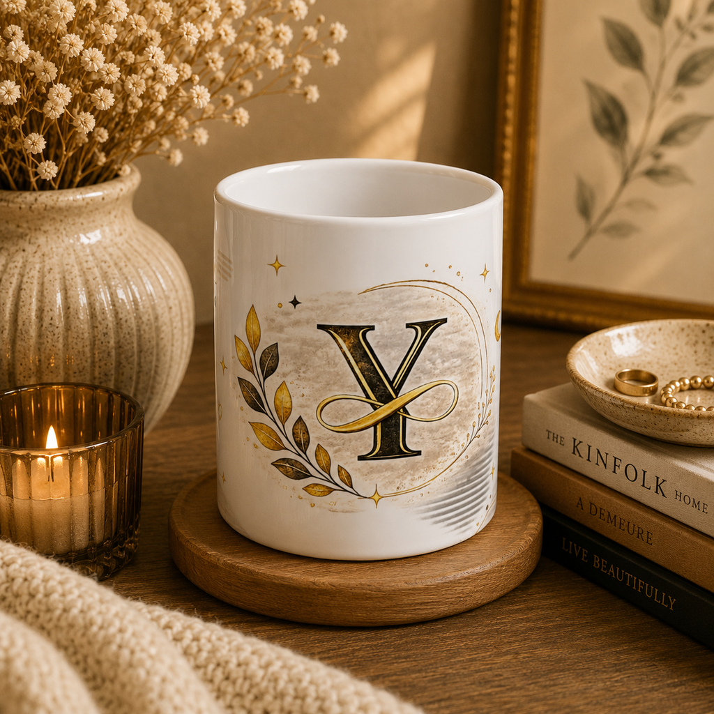 Monogram Y Ceramic Mug — Elegant Gold Initial Coffee Cup