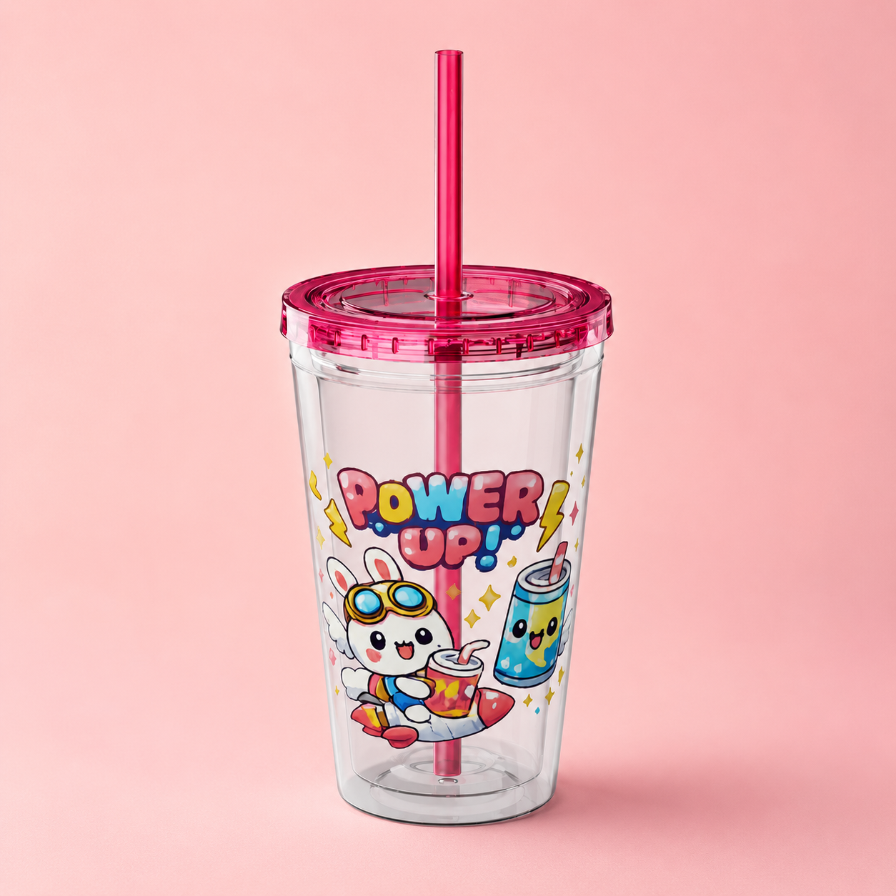 Sunsplash 16oz Tumbler with Straw — Cute "Power Up!" Gamer Character Design