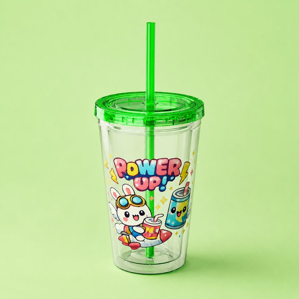 Sunsplash 16oz Tumbler with Straw — Cute "Power Up!" Gamer Character Design
