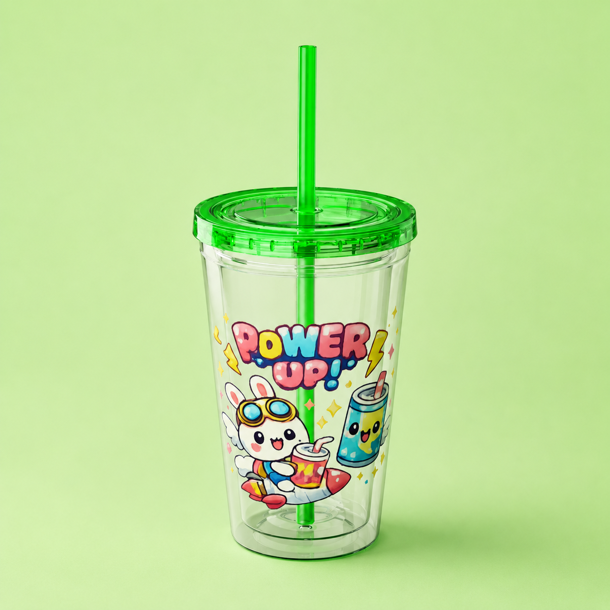 Sunsplash 16oz Tumbler with Straw — Cute "Power Up!" Gamer Character Design