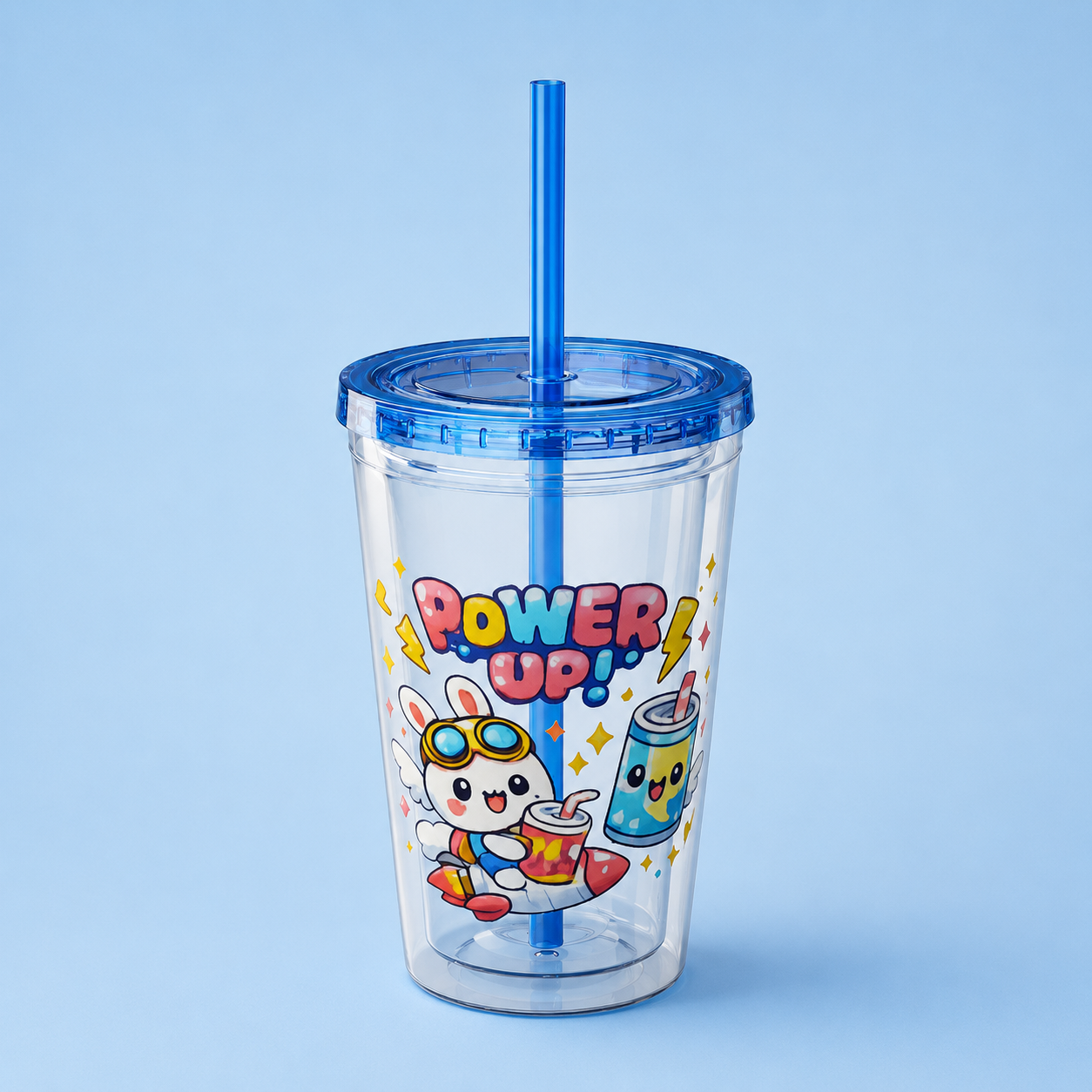 Sunsplash 16oz Tumbler with Straw — Cute "Power Up!" Gamer Character Design