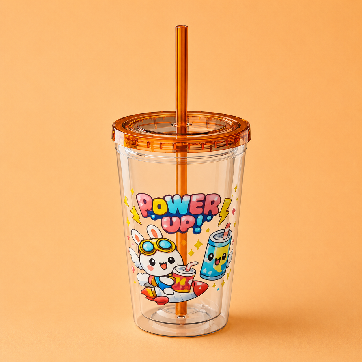 Sunsplash 16oz Tumbler with Straw — Cute "Power Up!" Gamer Character Design