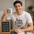 Father's Day T-Shirt - "Happy Father's Day" Script with Red Hearts
