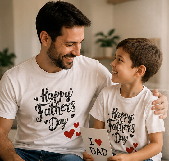 Father's Day T-Shirt - "Happy Father's Day" Script with Red Hearts