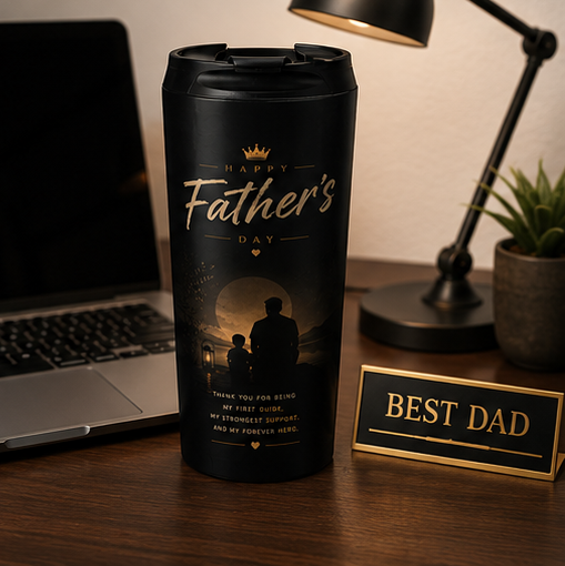 Father's Day Stainless Steel Travel Mug — 'Happy Father's Day' Silhouette Gift