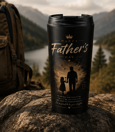 Father's Day Stainless Steel Travel Mug — 'Happy Father's Day' Silhouette Travel Tumbler