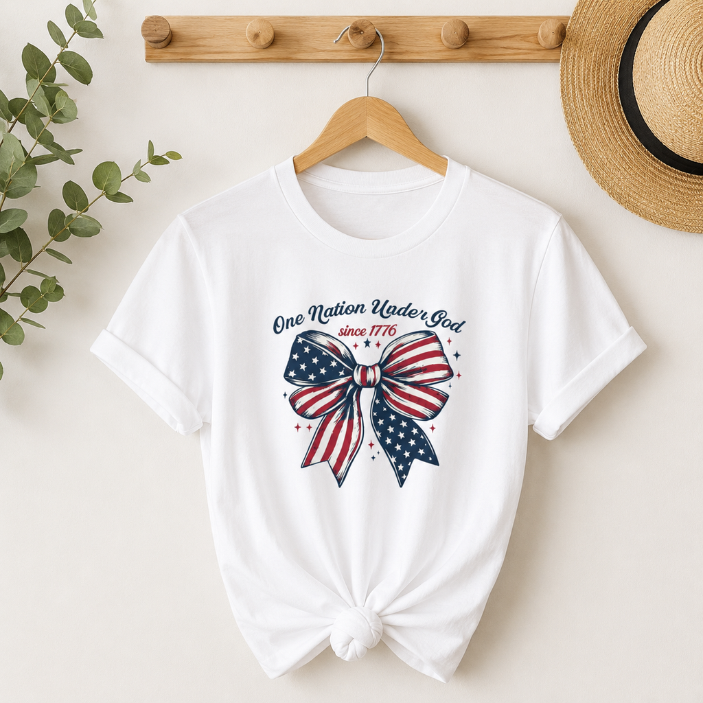 Patriotic Bow T-Shirt – "One Nation Under God" USA Flag Tee