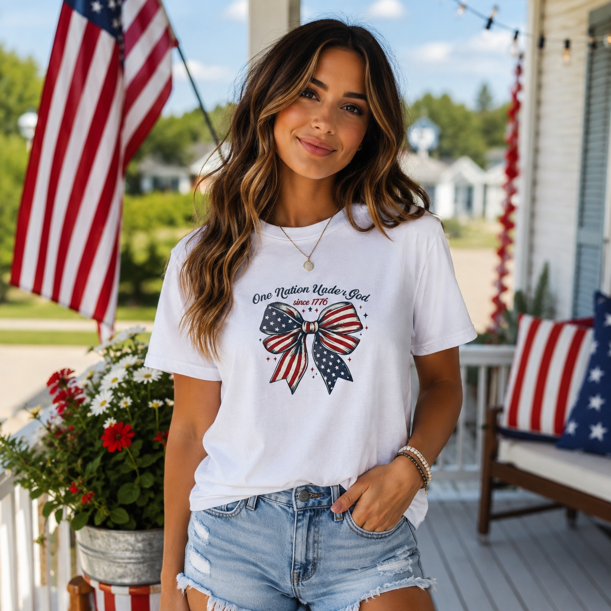 Patriotic Bow T-Shirt – "One Nation Under God" USA Flag Tee