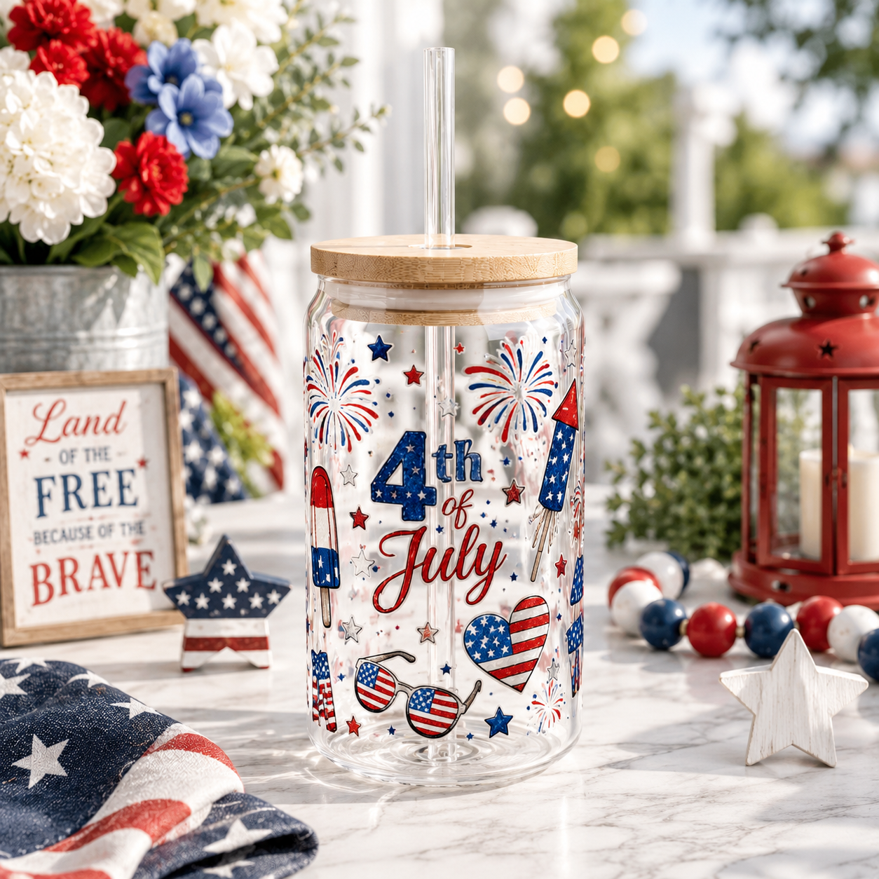 4th of July Sipper Glass – 16oz Patriotic USA Fireworks Tumbler with Straw
