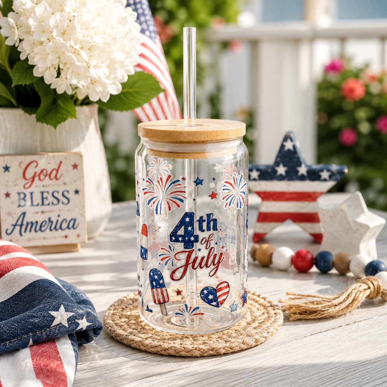 4th of July Sipper Glass – 16oz Patriotic USA Fireworks Tumbler with Straw