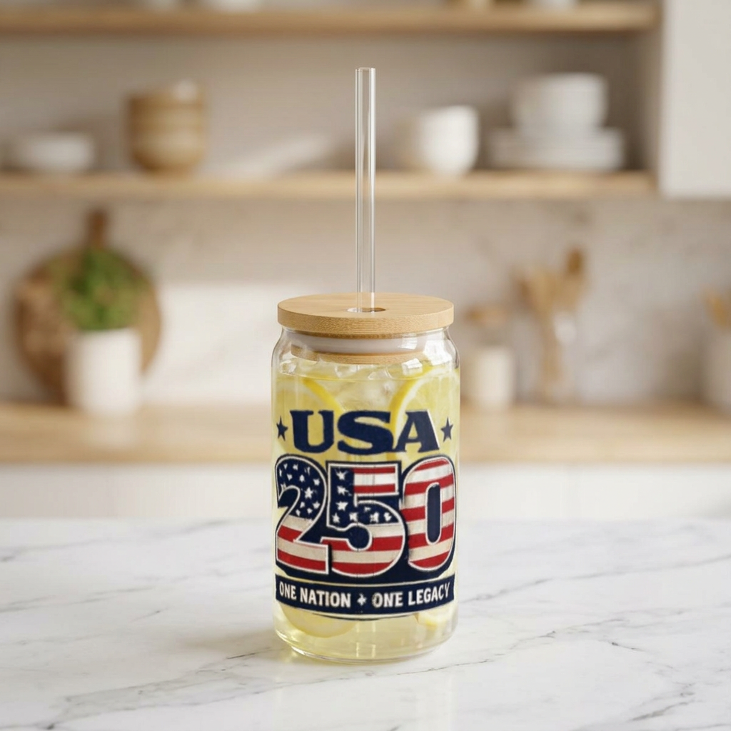USA 250 Sipper Glass - Patriotic 16oz Tumbler with Bamboo Lid & Straw