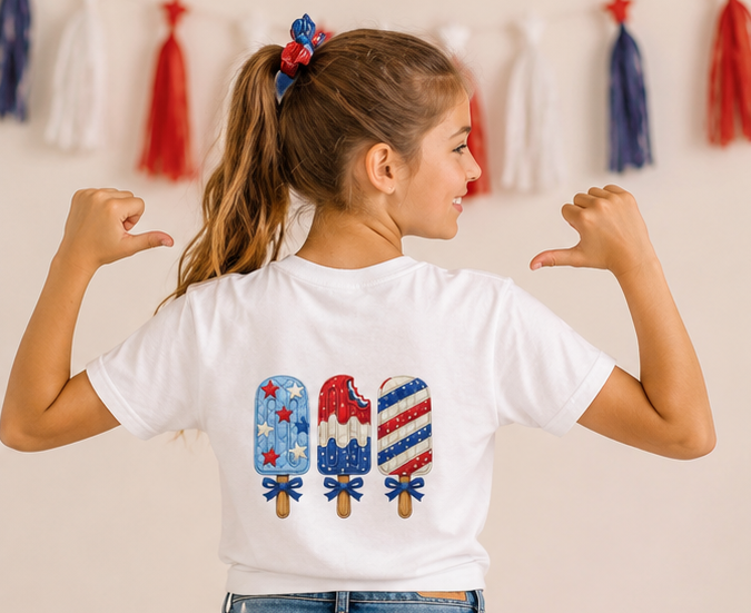 4th of July Kids Tee — Patriotic Fireworks & Popsicle Graphic Shirt
