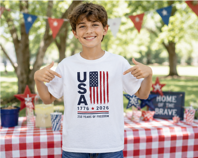 Kids USA 1776–2026 Flag Tee — 250 Years of Freedom Patriotic Shirt