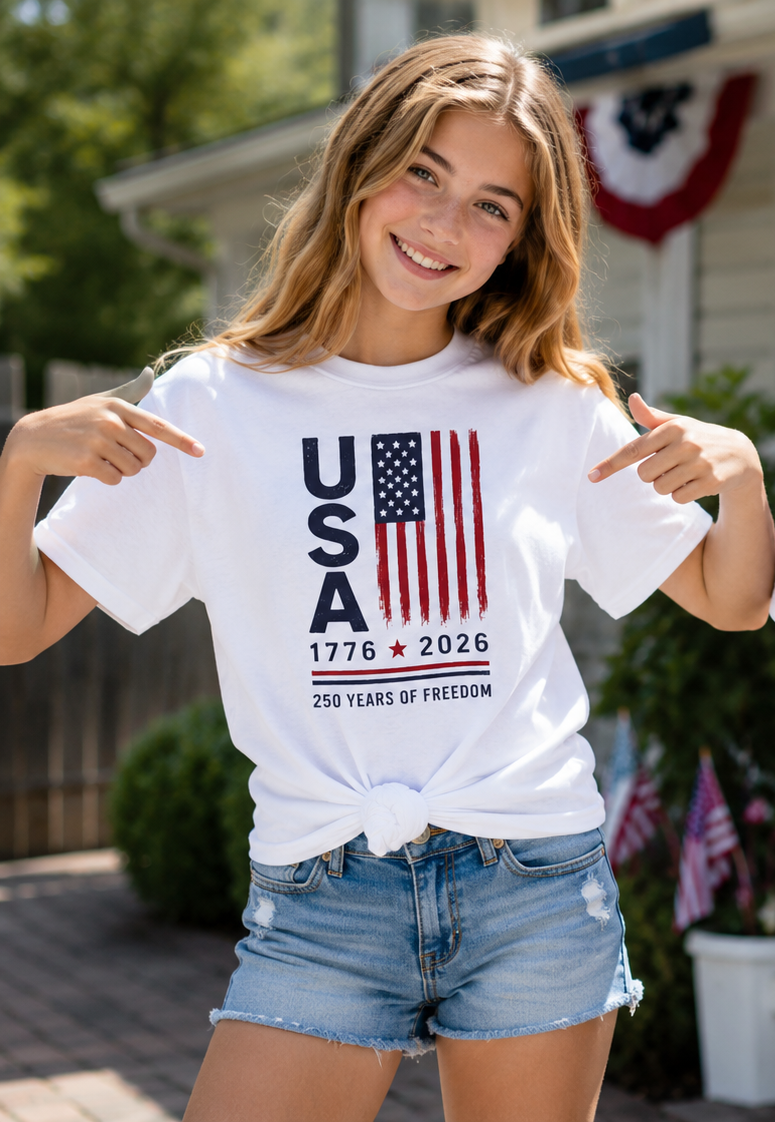 Kids USA 1776–2026 Flag Tee — 250 Years of Freedom Patriotic Shirt