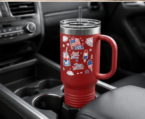 40oz Insulated Travel Mug — Patriotic USA Fourth of July Design (Land of the Free, Home of the Brave)