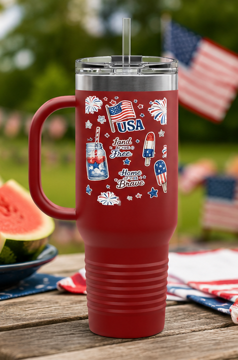 40oz Insulated Travel Mug — Patriotic USA Fourth of July Design (Land of the Free, Home of the Brave)
