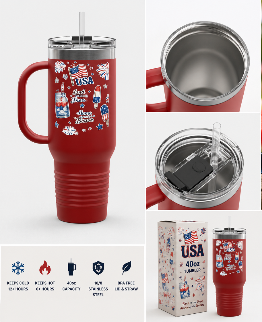 40oz Insulated Travel Mug — Patriotic USA Fourth of July Design (Land of the Free, Home of the Brave)