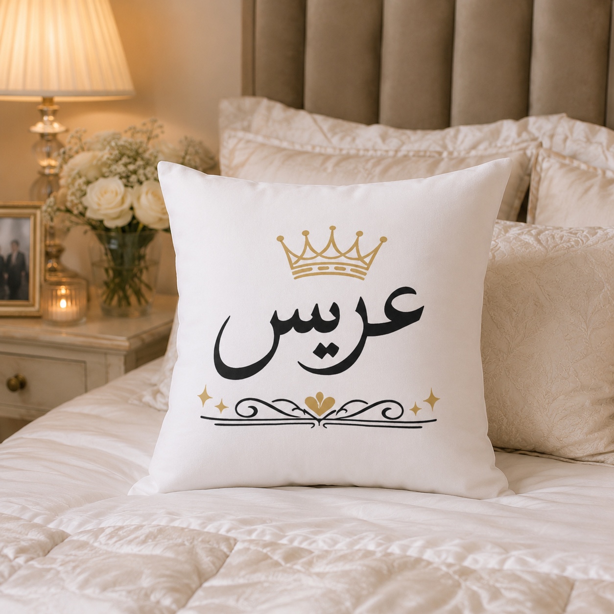 Bridal Arabic Script Throw Pillow — عريس (Groom) Crown Decor