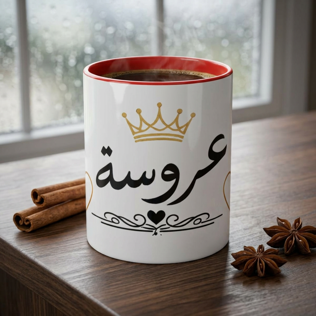 Bride Arabic Script Accent Coffee Mug — Gold Crown & Hearts 11oz