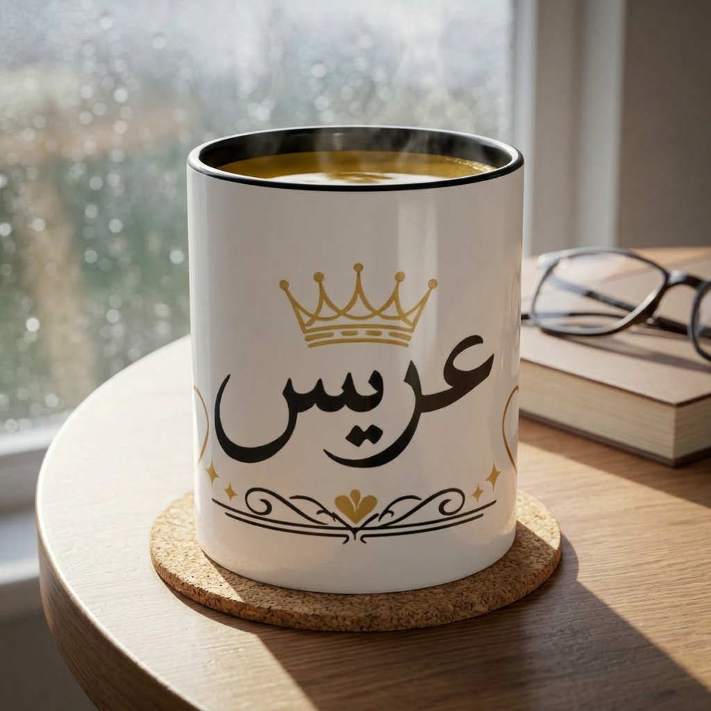عريس Arabic Script Accent Coffee Mug — Gold Crown & Hearts 11oz