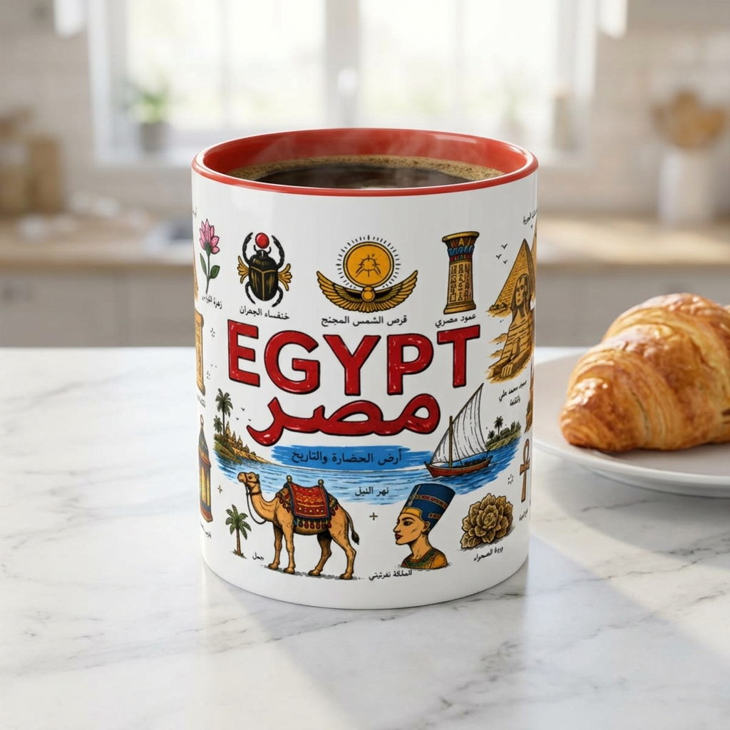 Egypt Landmarks Coffee Mug — Vintage Egyptian Icons & Arabic 'Egypt' Design (11oz)