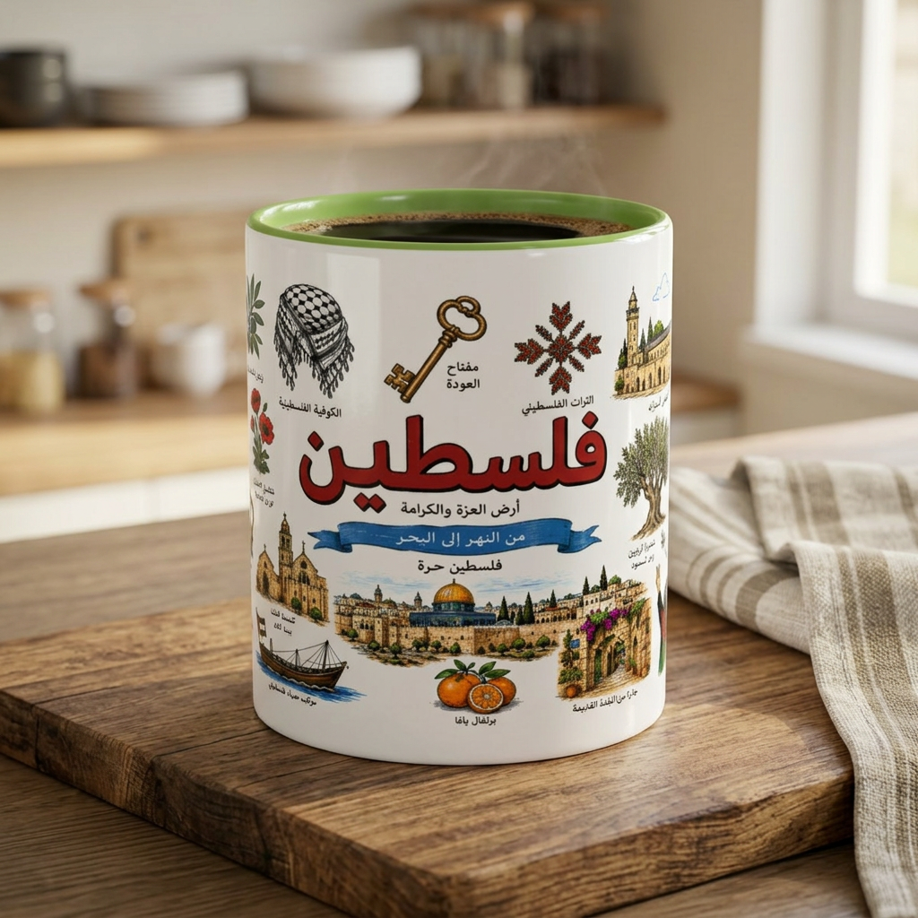 Palestine Landmark Accent Coffee Mug — Arabic Calligraphy & Cultural Icons (11oz)