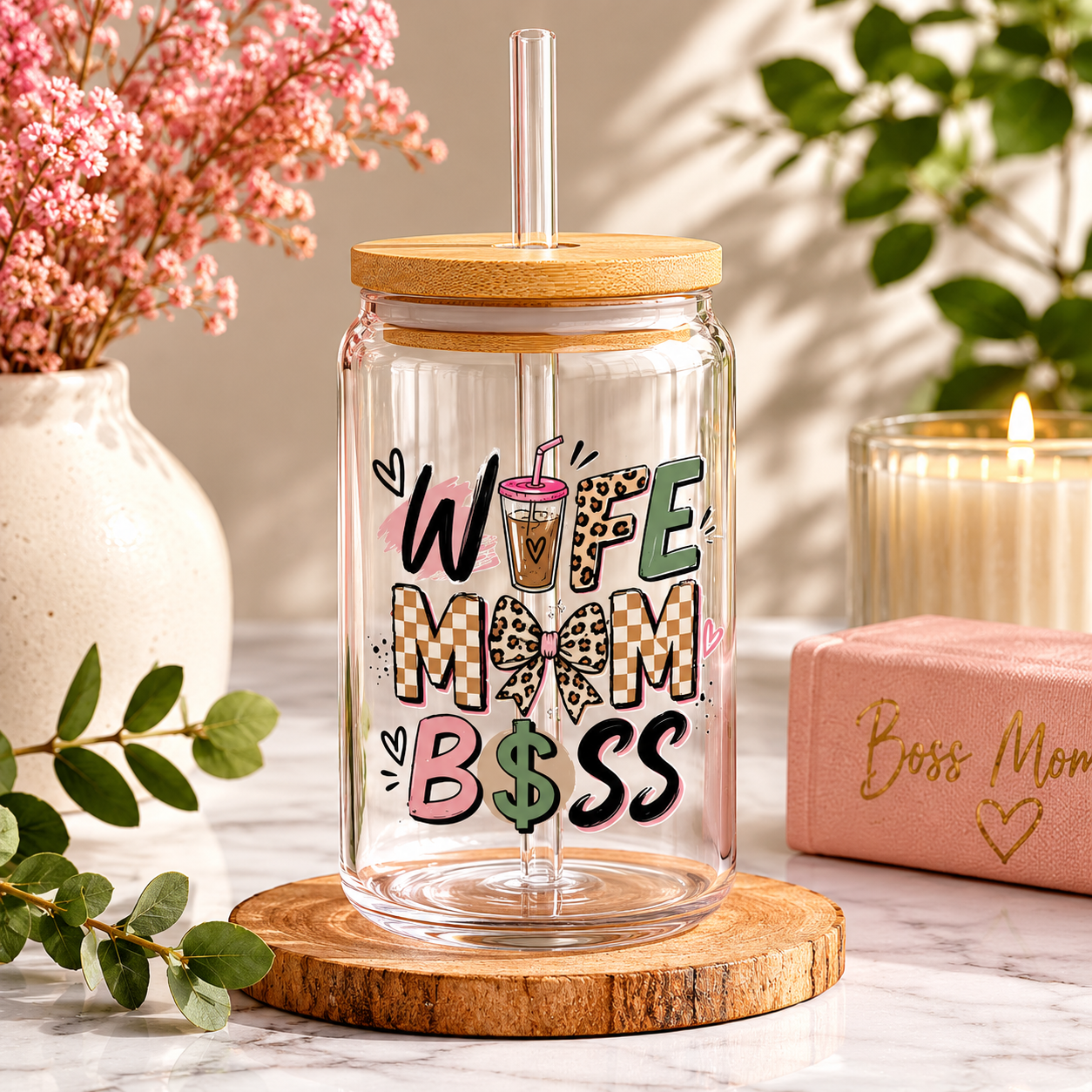 Sipper Glass — "Wife Mom Boss" 16oz Clear Travel Tumbler with Straw