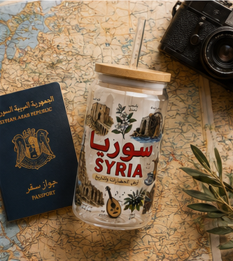 Syria Travel Sipper Glass – 16oz Souvenir Tumbler with Landmarks & Arabic Script