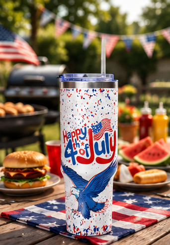 40oz Fourth of July Tumbler - "Happy 4th of July" Patriotic Eagle Vacuum Cup