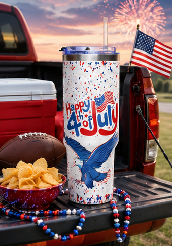 40oz Fourth of July Tumbler - "Happy 4th of July" Patriotic Eagle Vacuum Cup