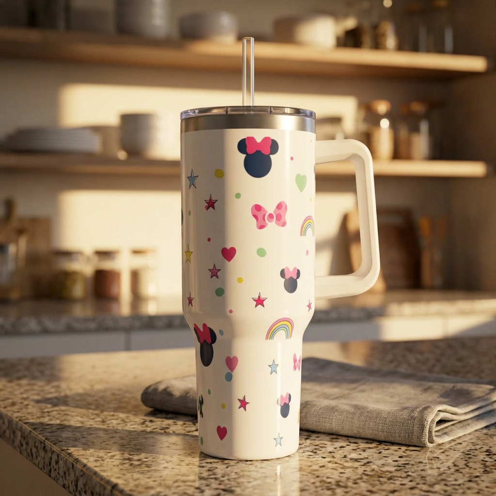 40oz Cute Minnie Pattern Vacuum Tumbler – Insulated Travel Mug with Straw & Handle