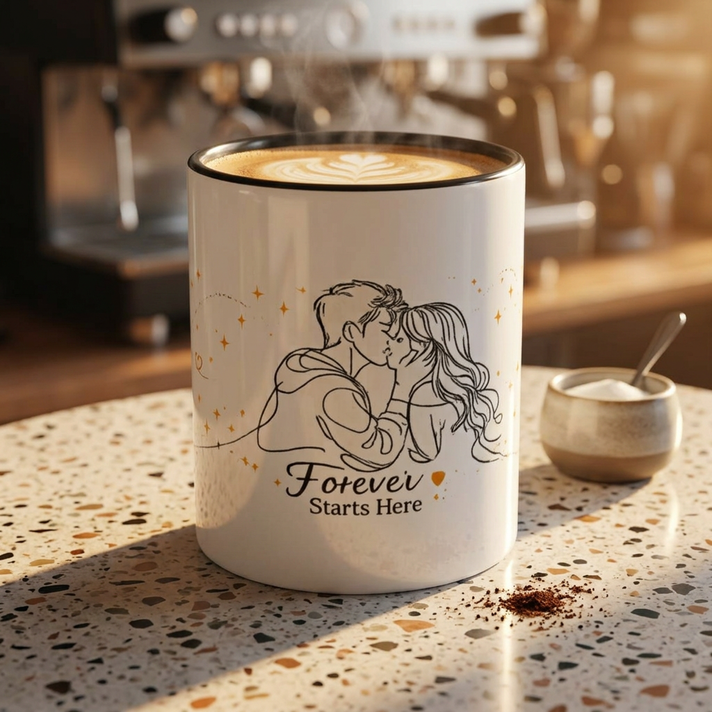 Romantic Accent Coffee Mug — "Forever Starts Here" Love Story Design