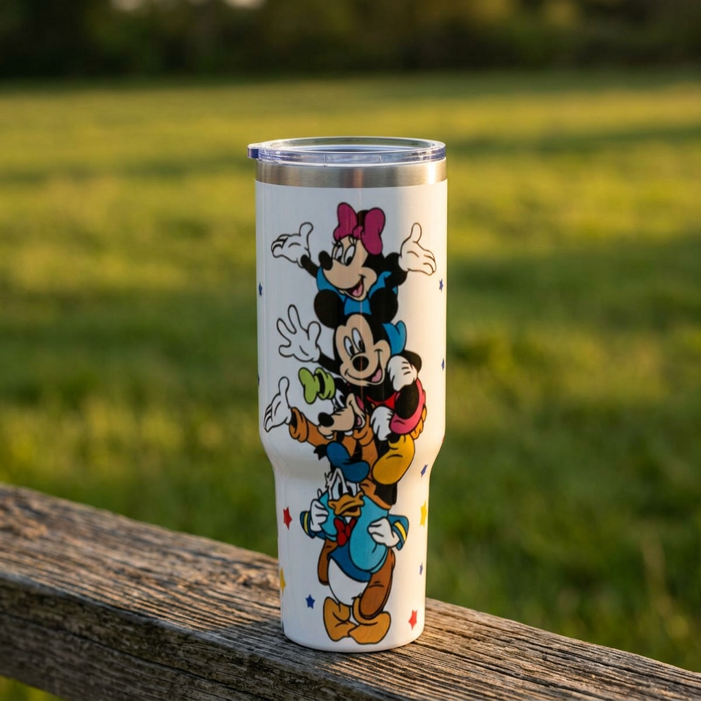 40oz Vacuum Tumbler – Stack of Classic Cartoon Mice Design, Insulated Travel Cup with Handle