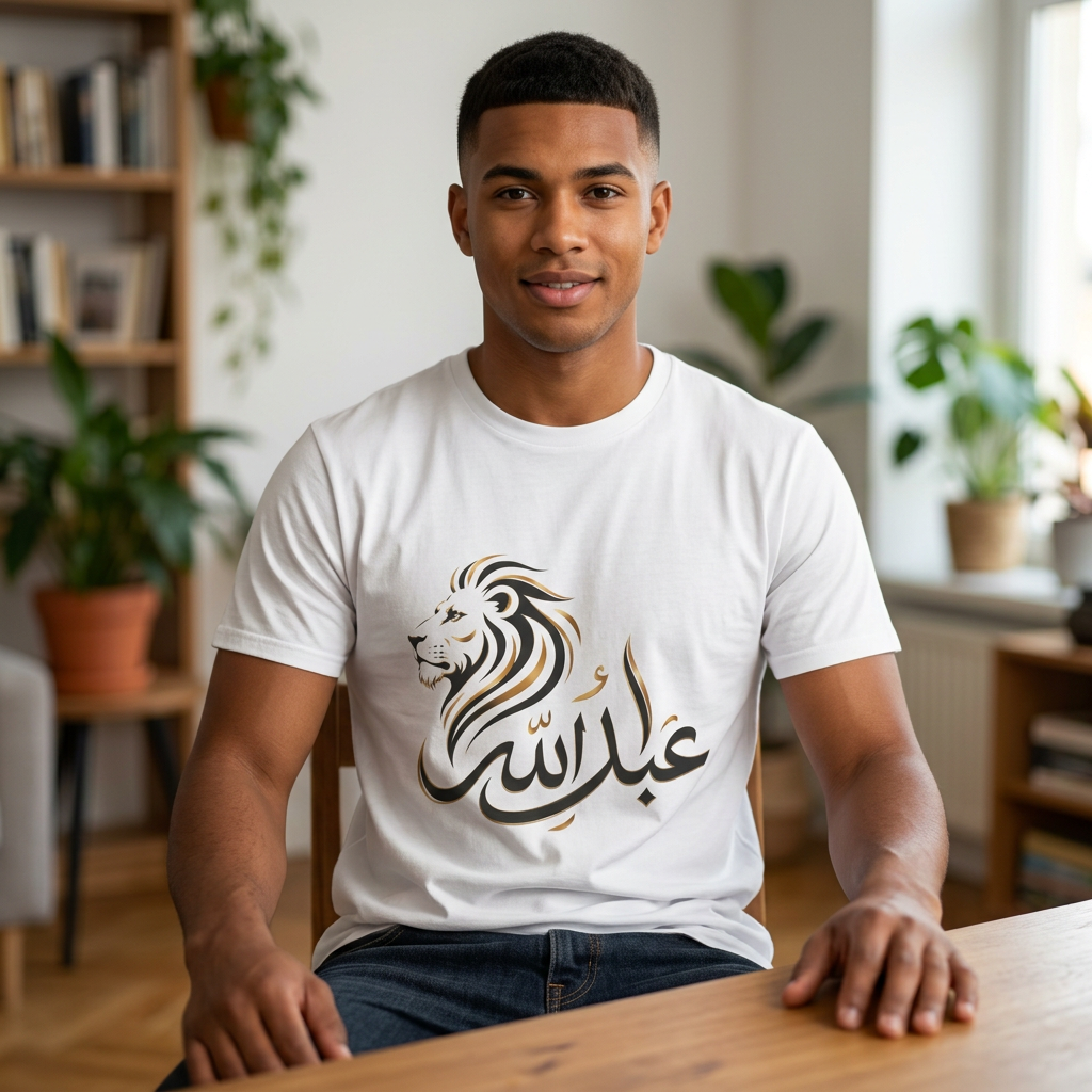 Lion Silhouette T-Shirt — Arabic Name 'Abdullah' Calligraphy