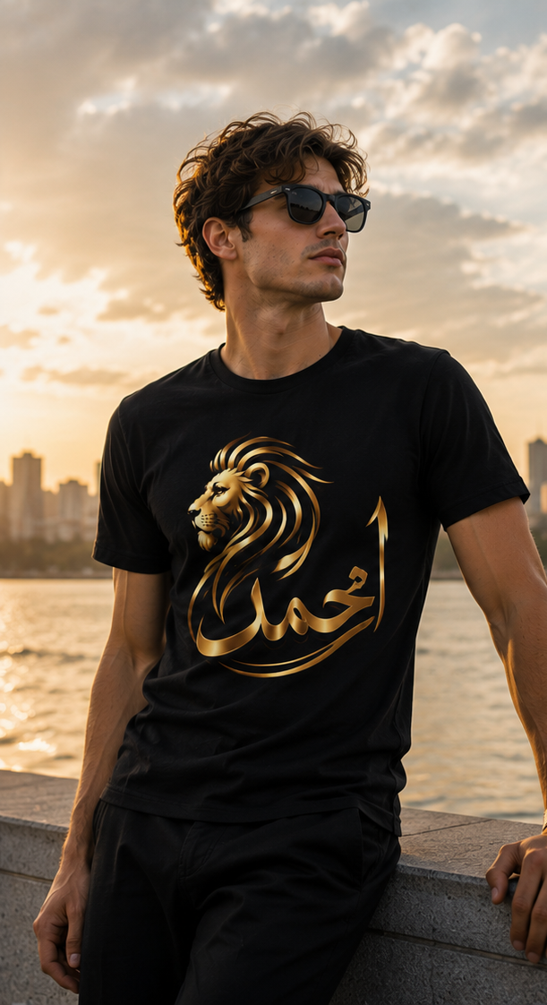 Lion Arabic Calligraphy T-Shirt — 'Ahmad' Elegant Gold Lion Tee