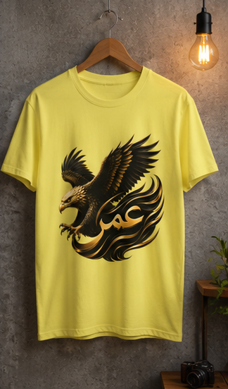 Eagle Arabic Omar Name Tee — Stylized Golden Eagle with 'عمر' Graphic