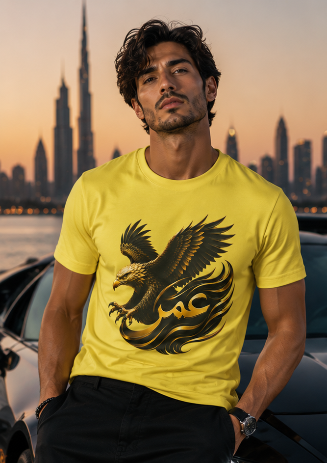 Eagle Arabic Omar Name Tee — Stylized Golden Eagle with 'عمر' Graphic